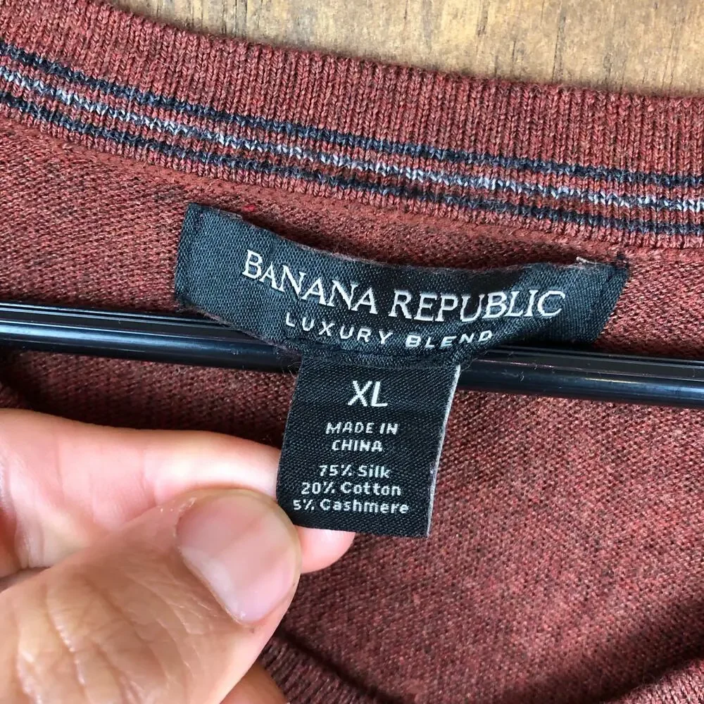 Banana Republic Mens Sweater Burnt Orange Brown V Neck Silk Cashmere Blend XL